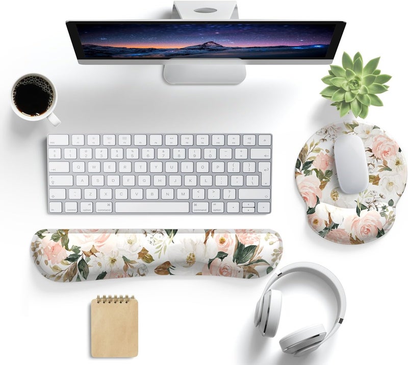 Mechanical Cattle Pink Flower Desktop Mat Aesthetic Wrist Support Keyboard Mouse Wrist Rest Set, Computer Office Comfortable Wrist Rest for Mouse Easy Typing & Pain Relief, Ergonomic Computer Mouse Pad with Pu Base. - Image 2
